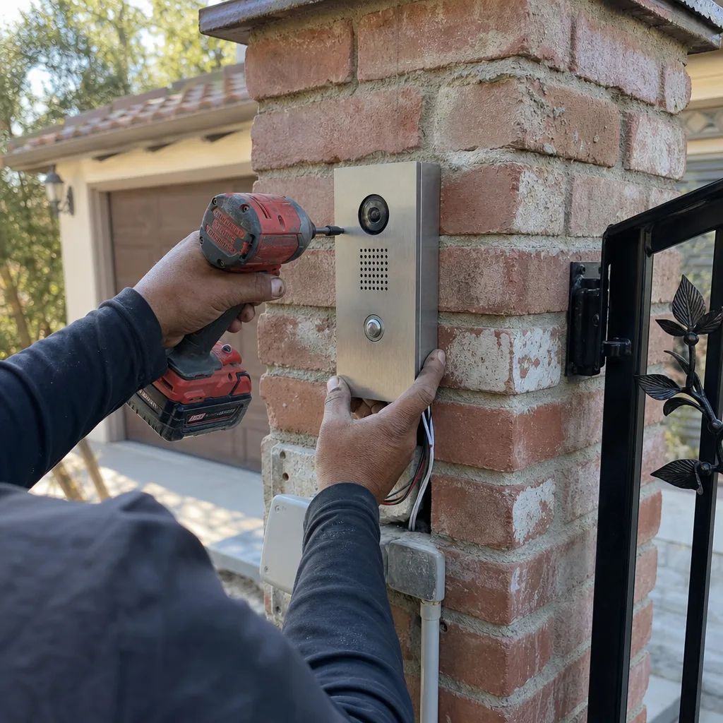 Technician installing an electronic gate access control intercom system nationwide