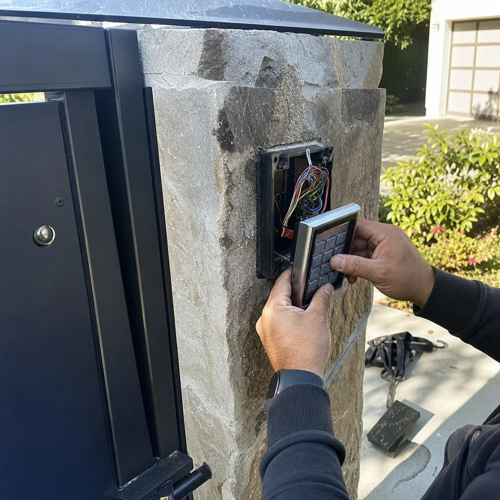 Technician installing a gate access control keypad on a stone pillar in Calabasas, CA