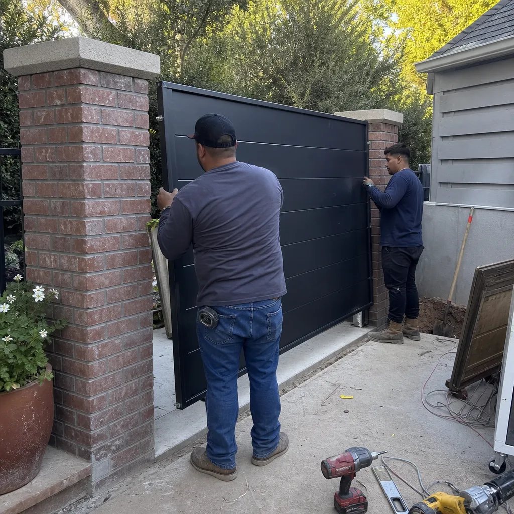 Two contractors installing a modern custom metal gate between brick pillars