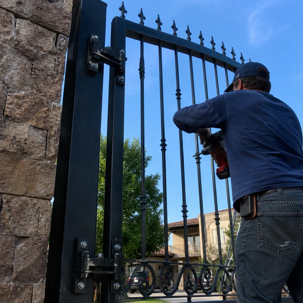 Professional technician performing wrought iron gate installation with power tools