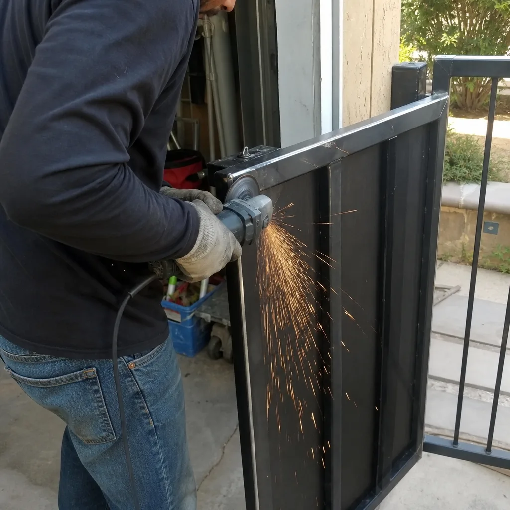 Technician performing metal gate welding and repair with an angle grinder nationwide