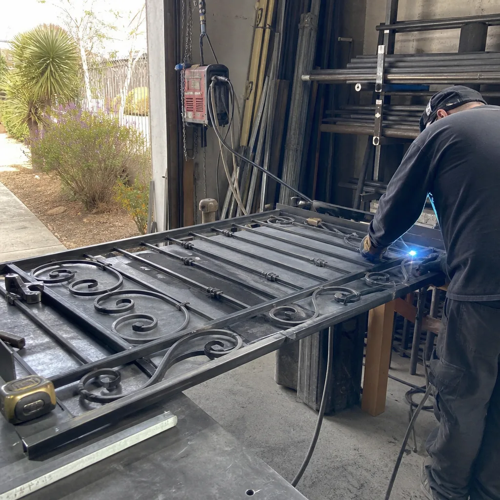 Metalworker performing custom gate fabrication and welding in a workshop. nationwide