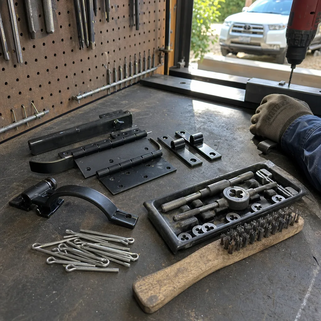Metalworker repairing gate parts with welding tools on a workbench. in Calabasas, CA