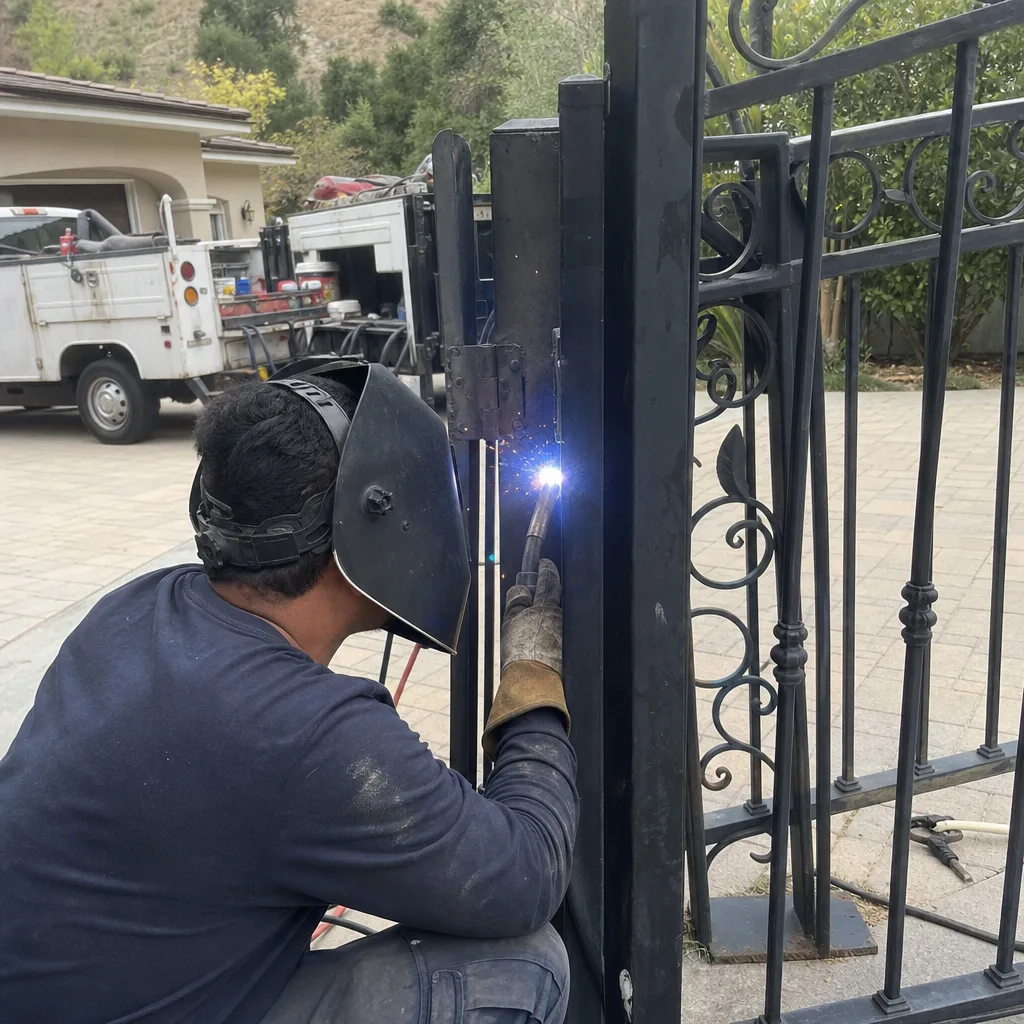 A professional welder repairing a metal gate hinge with a torch.